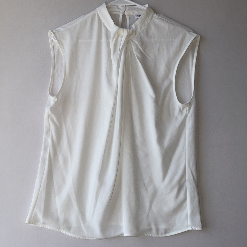 Calvin Klein Women's White Gathered High Neck Sleeveless Top Petite‎ Size PSmall